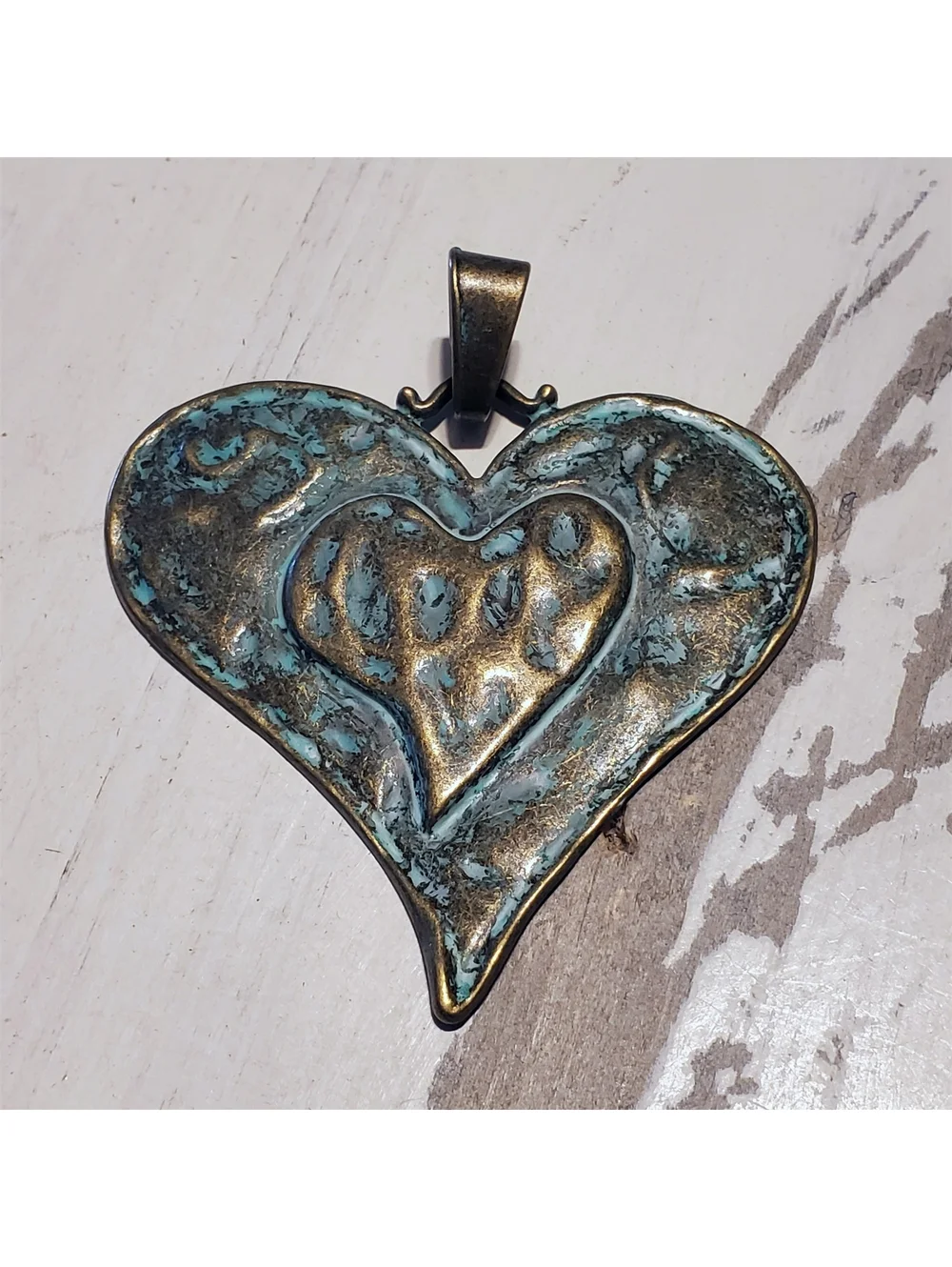 Antique Bronze Hammered Verdigris Green Patina Large Carved Heart Pendant